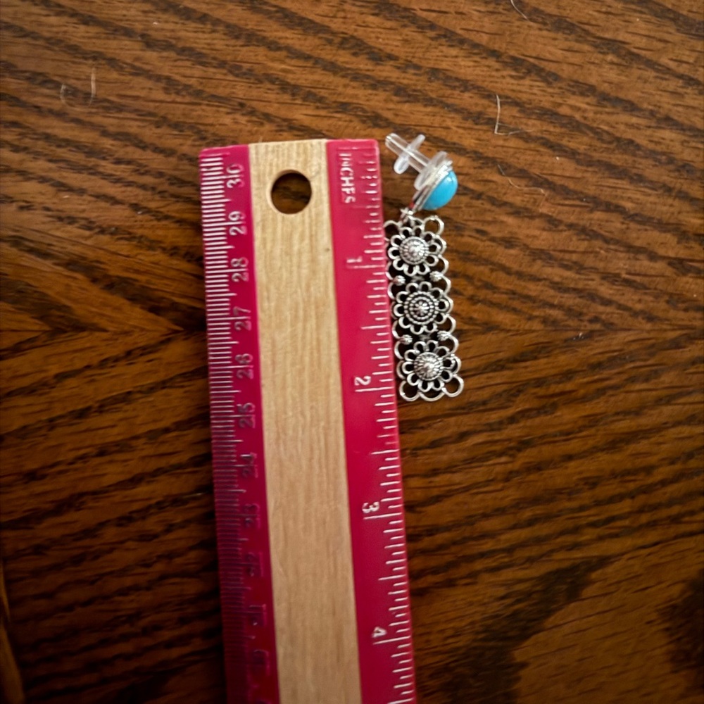 Silver Floral Drop Earrings with Turquoise Accent - Picture 3 of 4